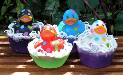 polka-dotted rubber duckie soaps